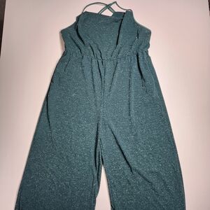 Sparkly Green Jumpsuit With Pockets Silver Glitter Wide Leg Party 20.5” PTP